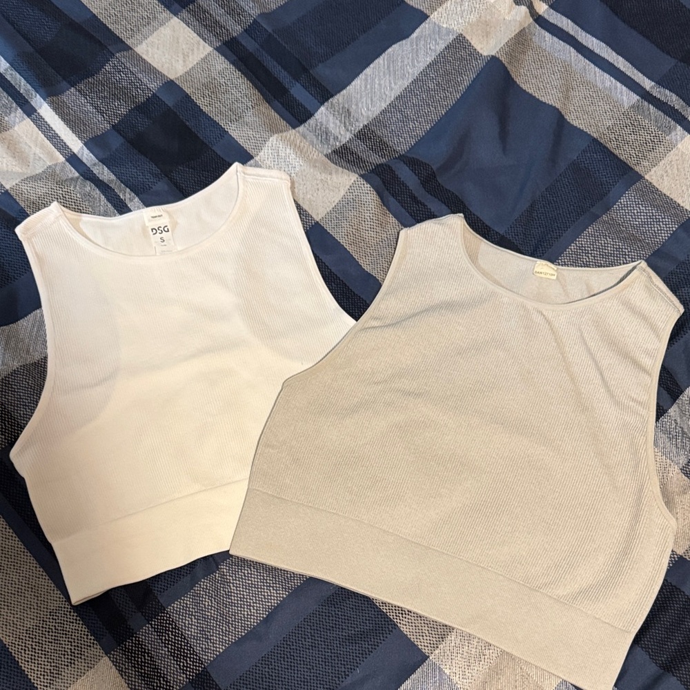 DSG White & Light Gray High Neck Ribbed Crop Tank Set  Workout Tops Modest